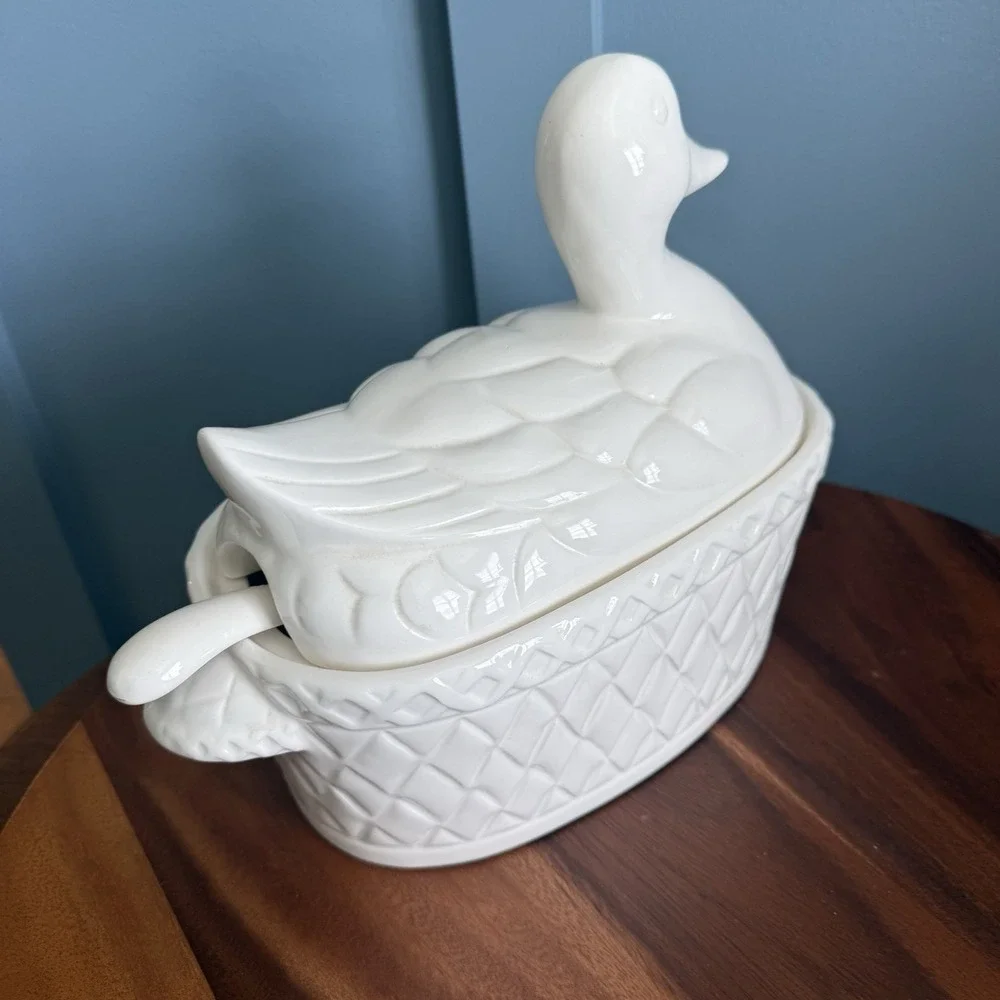 Vintage Duck Soup Tureen w Ladle Japan Ceramic 3 Piece Display Decor Cottagecore